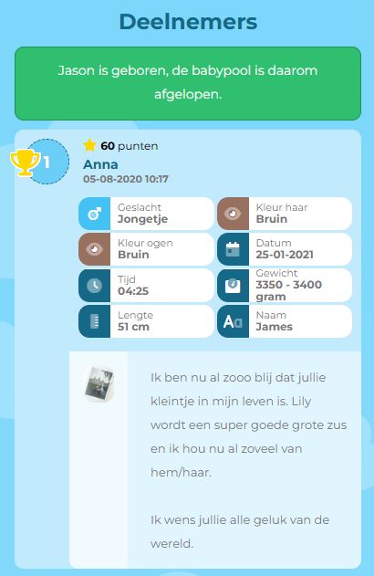 Voorbeeld van een babypool winnaar